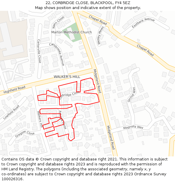 22, CORBRIDGE CLOSE, BLACKPOOL, FY4 5EZ: Location map and indicative extent of plot