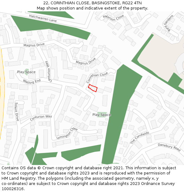 22, CORINTHIAN CLOSE, BASINGSTOKE, RG22 4TN: Location map and indicative extent of plot
