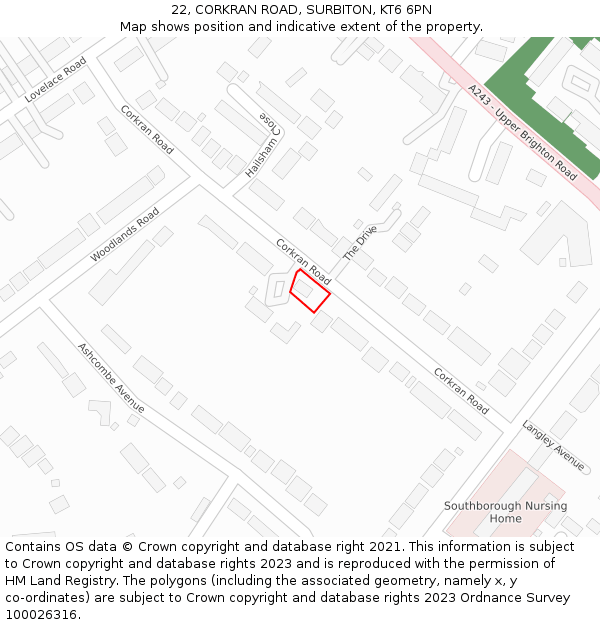 22, CORKRAN ROAD, SURBITON, KT6 6PN: Location map and indicative extent of plot