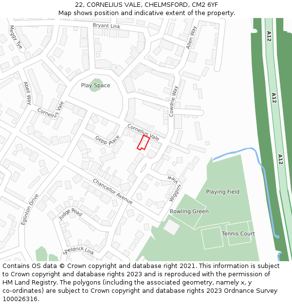 22, CORNELIUS VALE, CHELMSFORD, CM2 6YF: Location map and indicative extent of plot