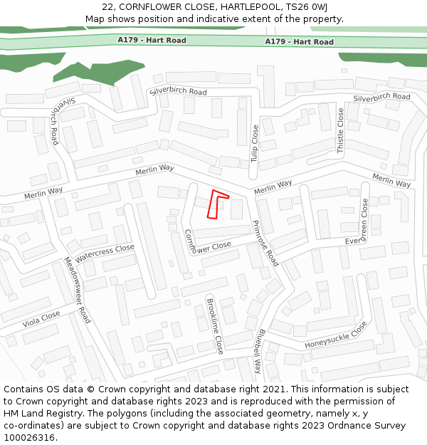 22, CORNFLOWER CLOSE, HARTLEPOOL, TS26 0WJ: Location map and indicative extent of plot