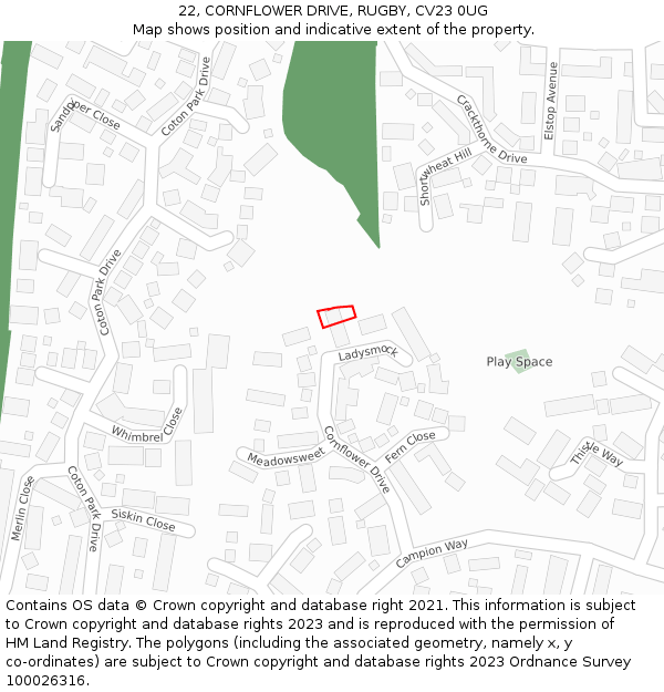 22, CORNFLOWER DRIVE, RUGBY, CV23 0UG: Location map and indicative extent of plot