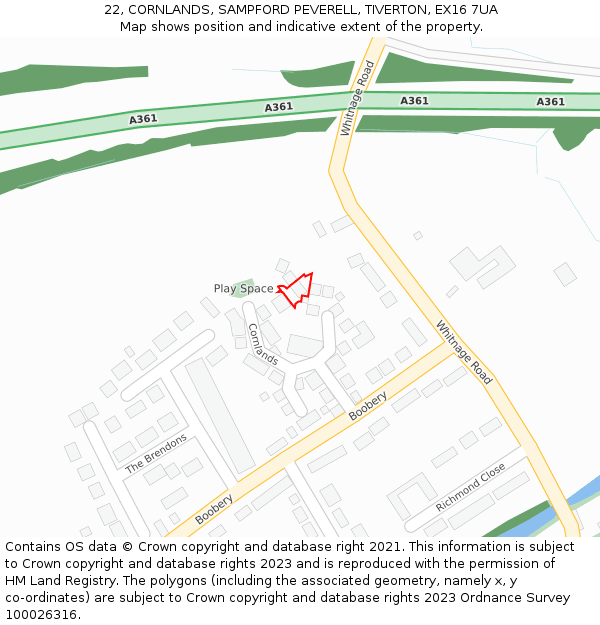 22, CORNLANDS, SAMPFORD PEVERELL, TIVERTON, EX16 7UA: Location map and indicative extent of plot