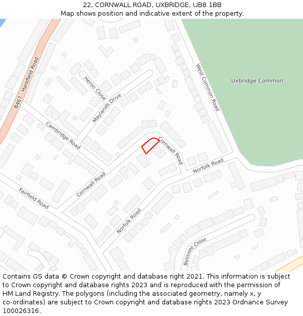 22, CORNWALL ROAD, UXBRIDGE, UB8 1BB: Location map and indicative extent of plot