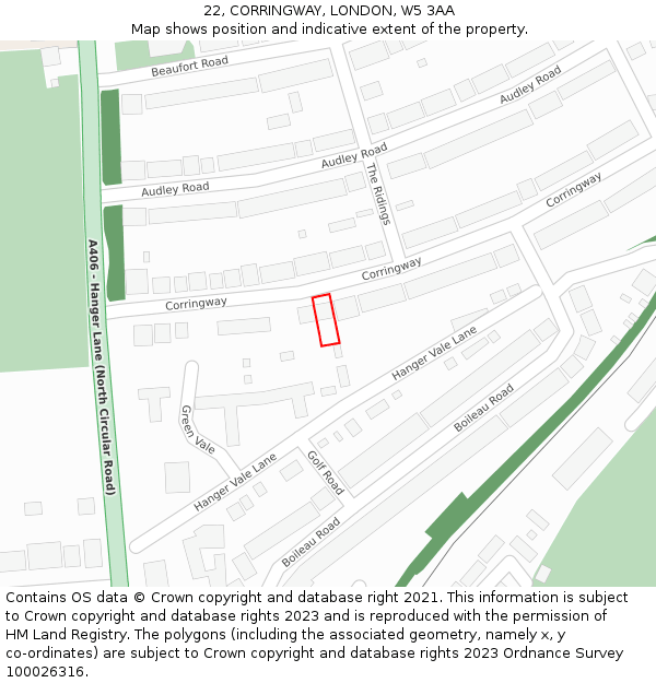 22, CORRINGWAY, LONDON, W5 3AA: Location map and indicative extent of plot