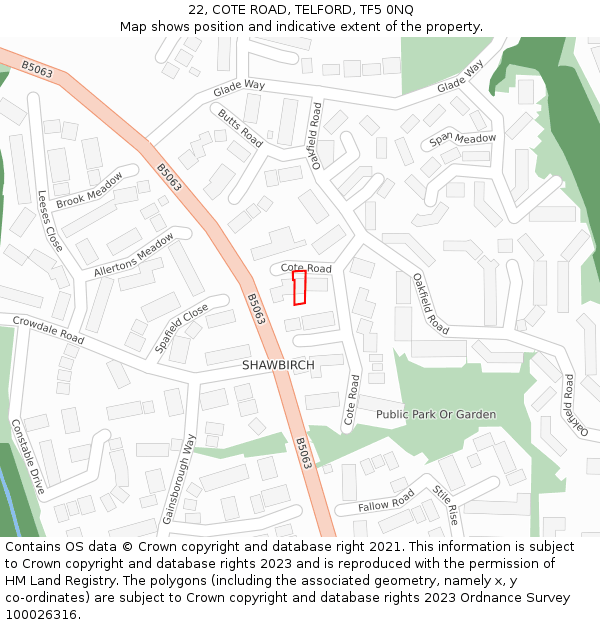 22, COTE ROAD, TELFORD, TF5 0NQ: Location map and indicative extent of plot