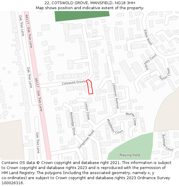 22, COTSWOLD GROVE, MANSFIELD, NG18 3HH: Location map and indicative extent of plot