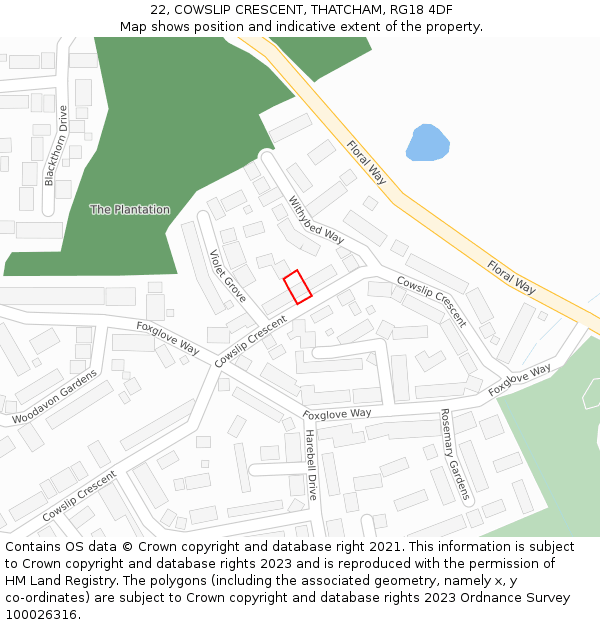 22, COWSLIP CRESCENT, THATCHAM, RG18 4DF: Location map and indicative extent of plot