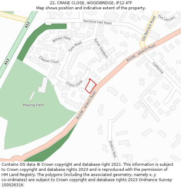 22, CRANE CLOSE, WOODBRIDGE, IP12 4TF: Location map and indicative extent of plot