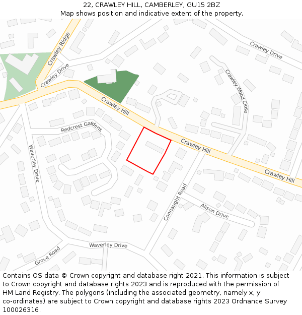 22, CRAWLEY HILL, CAMBERLEY, GU15 2BZ: Location map and indicative extent of plot