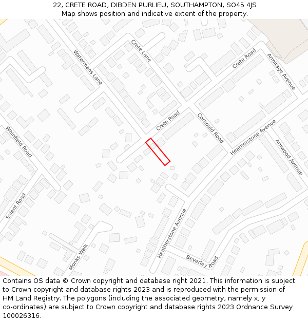 22, CRETE ROAD, DIBDEN PURLIEU, SOUTHAMPTON, SO45 4JS: Location map and indicative extent of plot