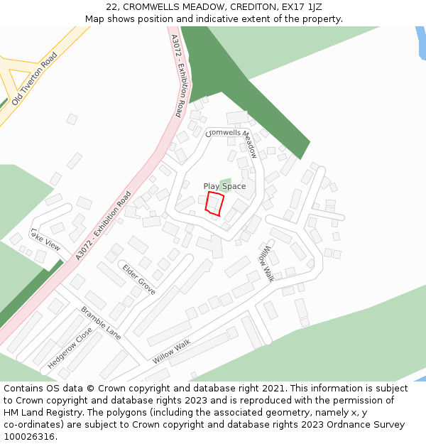 22, CROMWELLS MEADOW, CREDITON, EX17 1JZ: Location map and indicative extent of plot