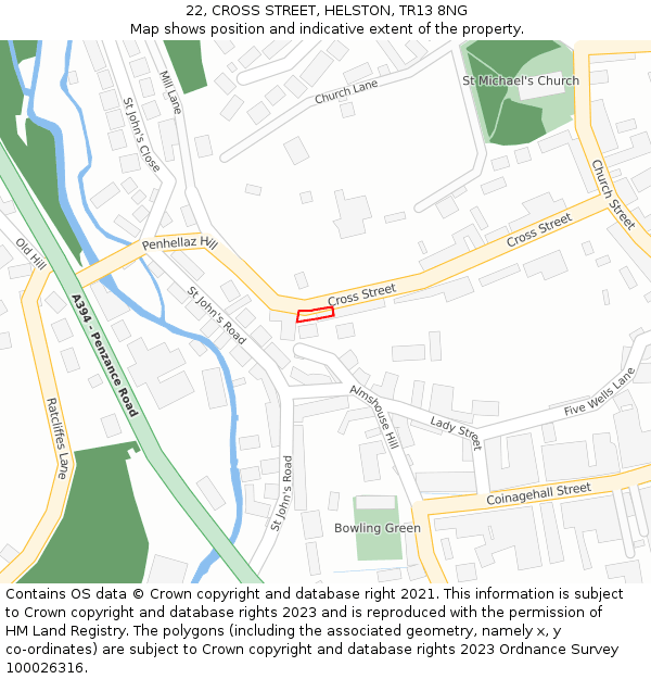 22, CROSS STREET, HELSTON, TR13 8NG: Location map and indicative extent of plot