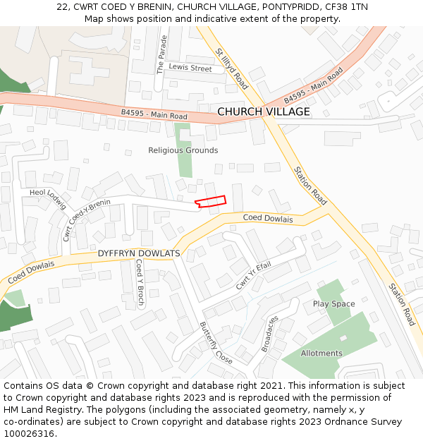 22, CWRT COED Y BRENIN, CHURCH VILLAGE, PONTYPRIDD, CF38 1TN: Location map and indicative extent of plot