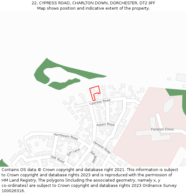 22, CYPRESS ROAD, CHARLTON DOWN, DORCHESTER, DT2 9FF: Location map and indicative extent of plot