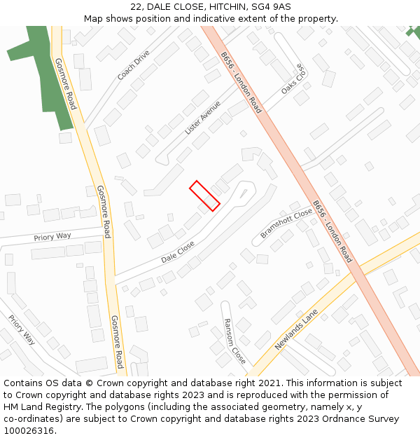 22, DALE CLOSE, HITCHIN, SG4 9AS: Location map and indicative extent of plot