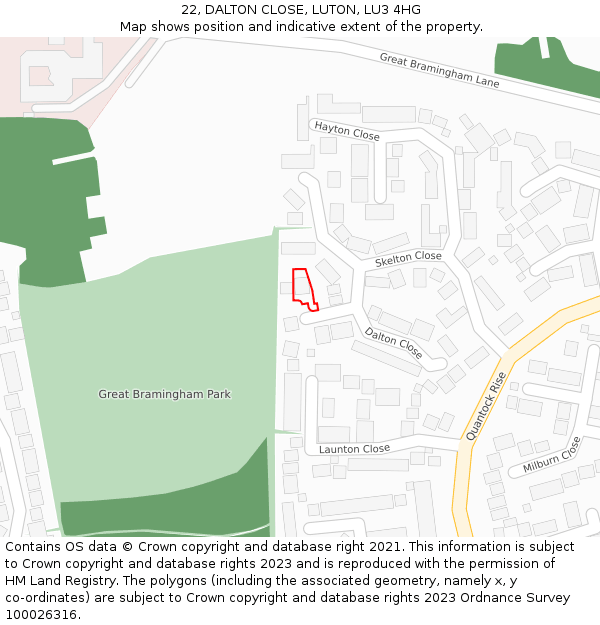 22, DALTON CLOSE, LUTON, LU3 4HG: Location map and indicative extent of plot