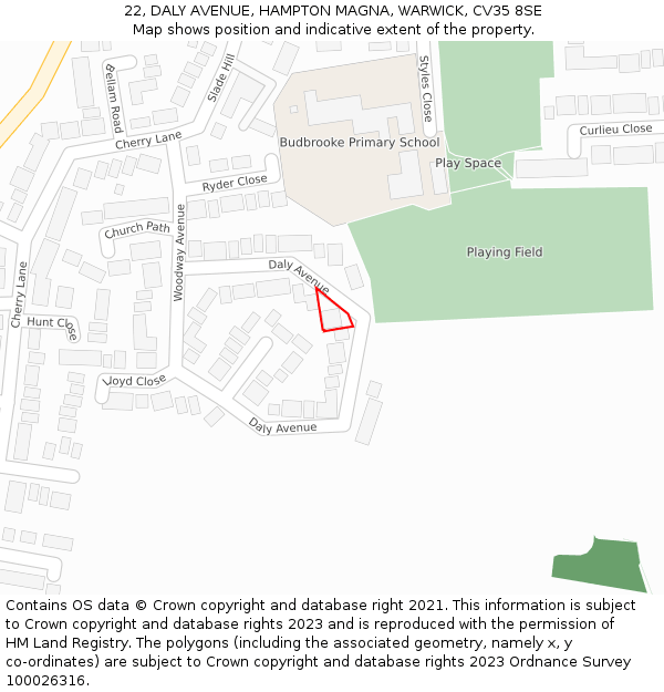 22, DALY AVENUE, HAMPTON MAGNA, WARWICK, CV35 8SE: Location map and indicative extent of plot