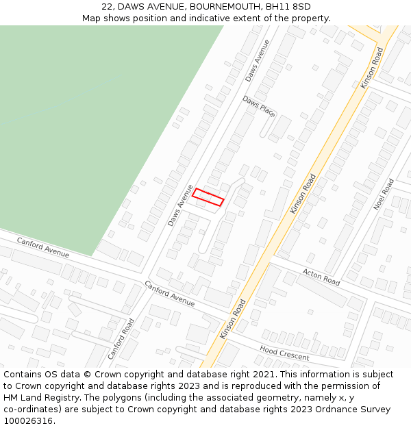 22, DAWS AVENUE, BOURNEMOUTH, BH11 8SD: Location map and indicative extent of plot
