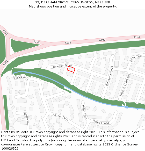 22, DEARHAM GROVE, CRAMLINGTON, NE23 3FR: Location map and indicative extent of plot