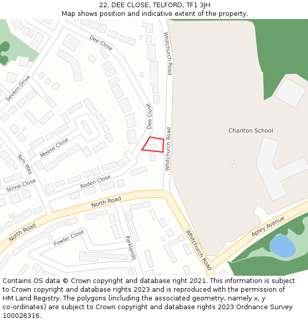 22, DEE CLOSE, TELFORD, TF1 3JH: Location map and indicative extent of plot