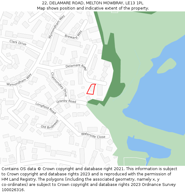 22, DELAMARE ROAD, MELTON MOWBRAY, LE13 1PL: Location map and indicative extent of plot