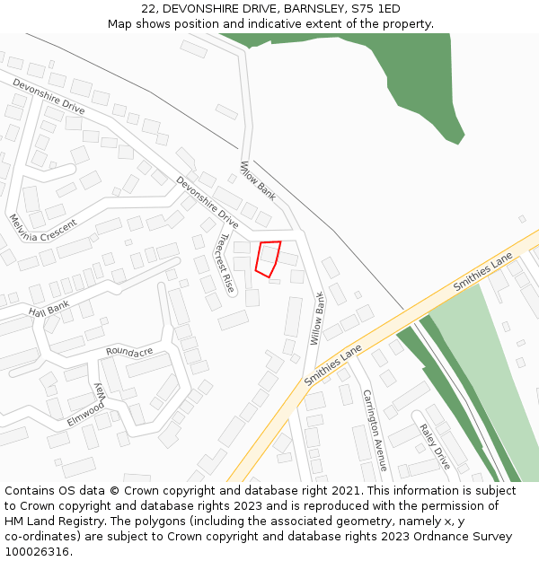 22, DEVONSHIRE DRIVE, BARNSLEY, S75 1ED: Location map and indicative extent of plot