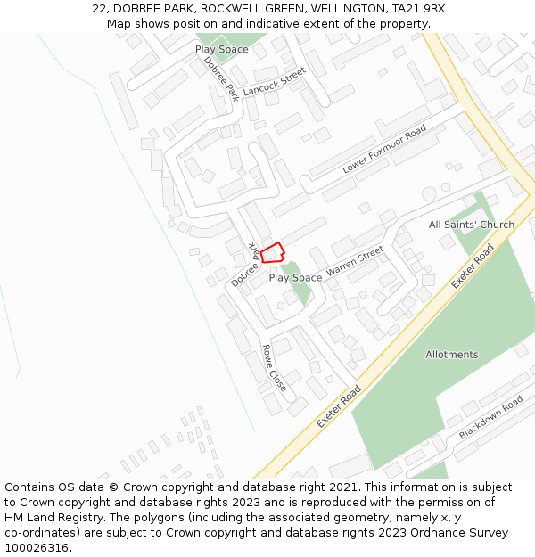 22, DOBREE PARK, ROCKWELL GREEN, WELLINGTON, TA21 9RX: Location map and indicative extent of plot