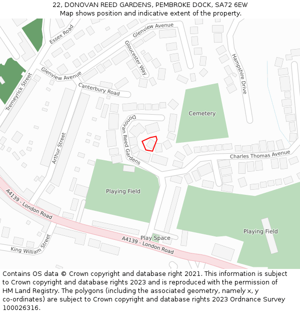 22, DONOVAN REED GARDENS, PEMBROKE DOCK, SA72 6EW: Location map and indicative extent of plot