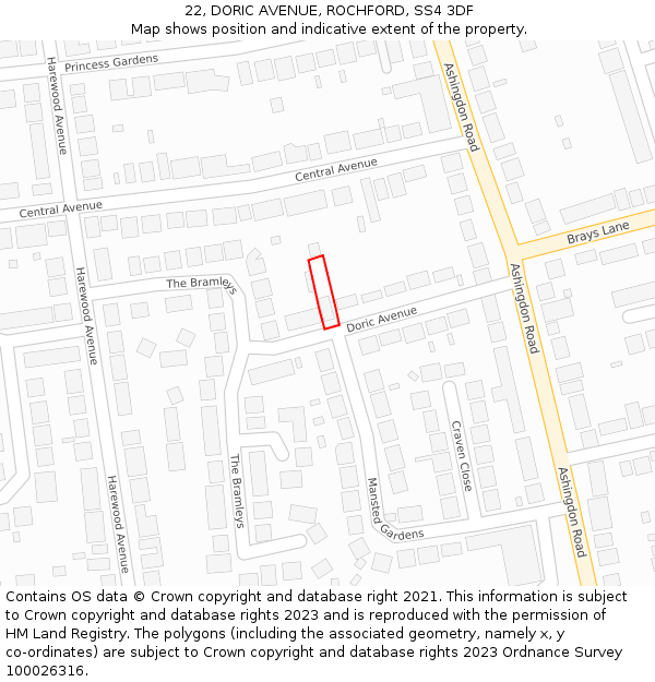 22, DORIC AVENUE, ROCHFORD, SS4 3DF: Location map and indicative extent of plot