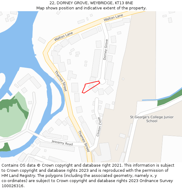 22, DORNEY GROVE, WEYBRIDGE, KT13 8NE: Location map and indicative extent of plot