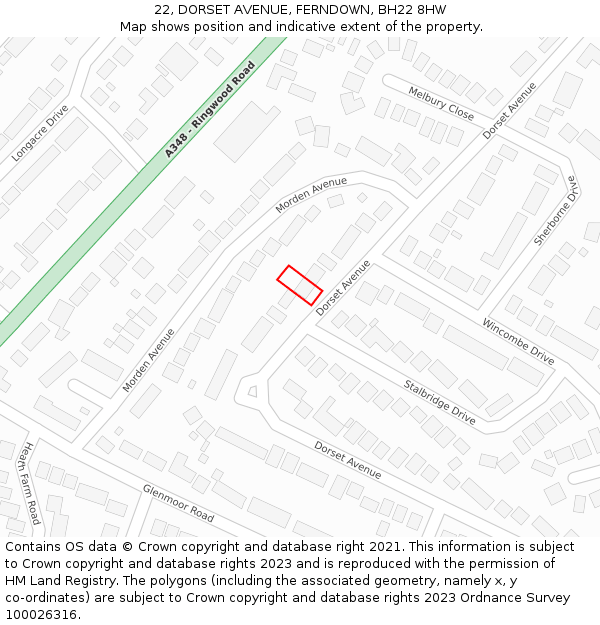 22, DORSET AVENUE, FERNDOWN, BH22 8HW: Location map and indicative extent of plot