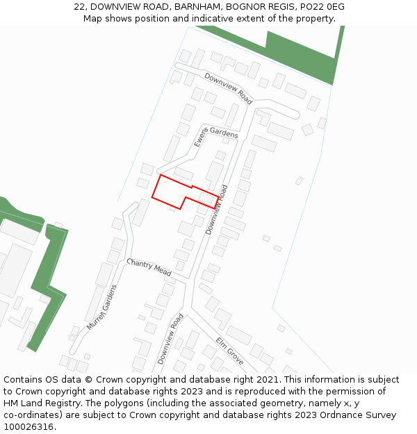 22, DOWNVIEW ROAD, BARNHAM, BOGNOR REGIS, PO22 0EG: Location map and indicative extent of plot