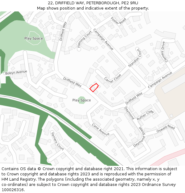 22, DRIFFIELD WAY, PETERBOROUGH, PE2 9RU: Location map and indicative extent of plot