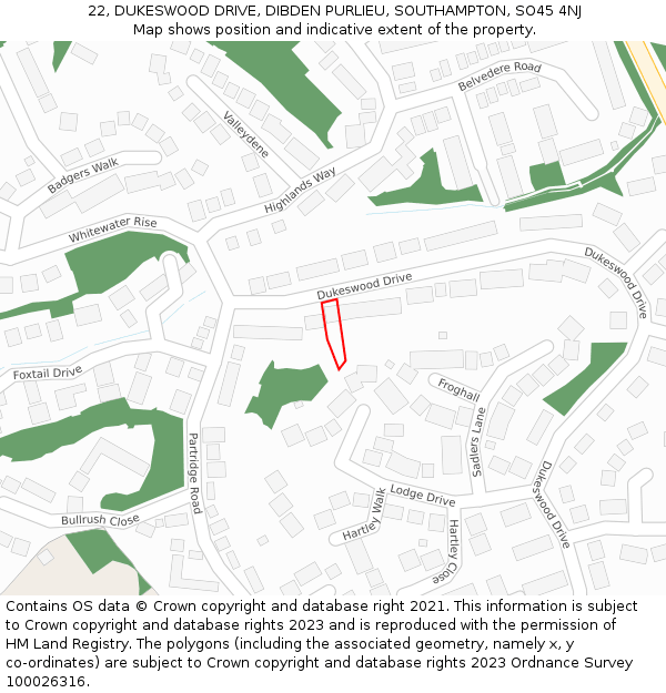 22, DUKESWOOD DRIVE, DIBDEN PURLIEU, SOUTHAMPTON, SO45 4NJ: Location map and indicative extent of plot