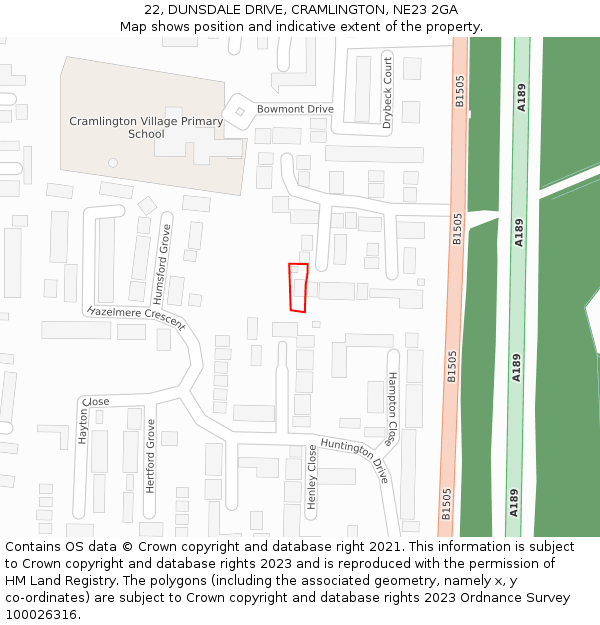 22, DUNSDALE DRIVE, CRAMLINGTON, NE23 2GA: Location map and indicative extent of plot