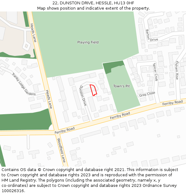 22, DUNSTON DRIVE, HESSLE, HU13 0HF: Location map and indicative extent of plot