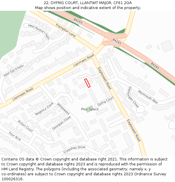 22, DYFRIG COURT, LLANTWIT MAJOR, CF61 2GA: Location map and indicative extent of plot