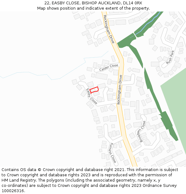 22, EASBY CLOSE, BISHOP AUCKLAND, DL14 0RX: Location map and indicative extent of plot
