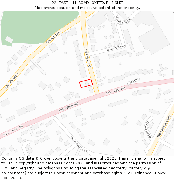 22, EAST HILL ROAD, OXTED, RH8 9HZ: Location map and indicative extent of plot