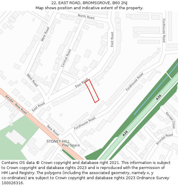 22, EAST ROAD, BROMSGROVE, B60 2NJ: Location map and indicative extent of plot