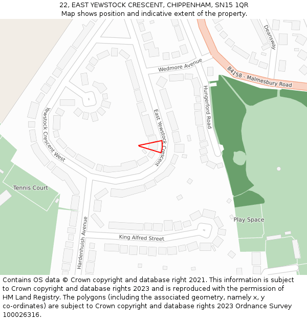 22, EAST YEWSTOCK CRESCENT, CHIPPENHAM, SN15 1QR: Location map and indicative extent of plot