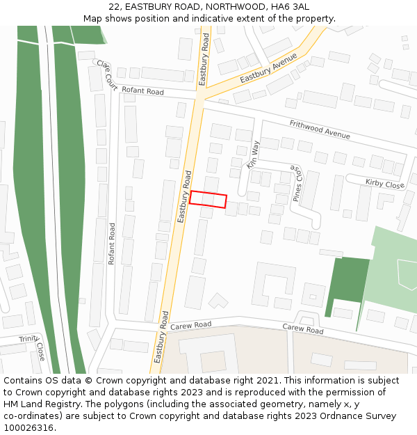 22, EASTBURY ROAD, NORTHWOOD, HA6 3AL: Location map and indicative extent of plot