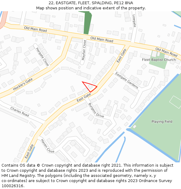 22, EASTGATE, FLEET, SPALDING, PE12 8NA: Location map and indicative extent of plot