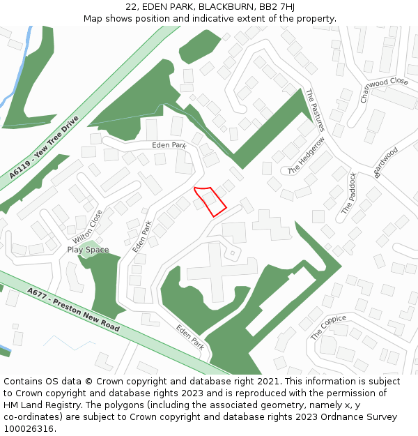 22, EDEN PARK, BLACKBURN, BB2 7HJ: Location map and indicative extent of plot