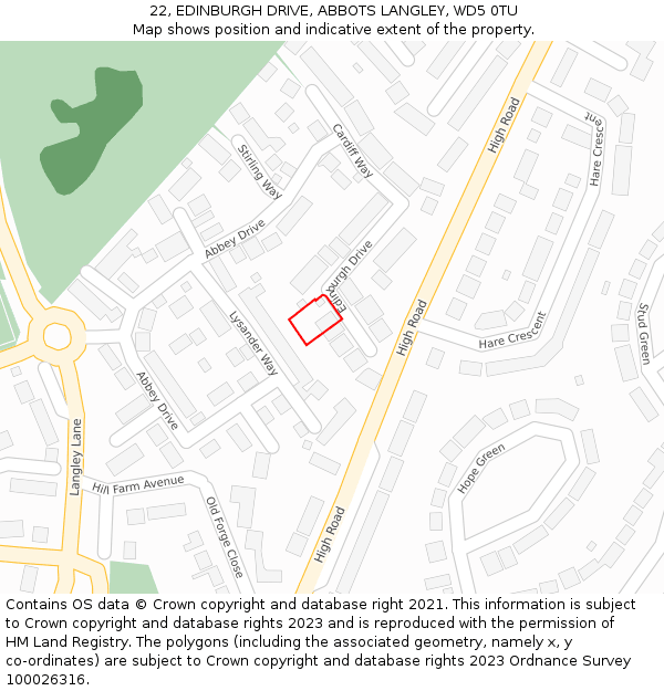 22, EDINBURGH DRIVE, ABBOTS LANGLEY, WD5 0TU: Location map and indicative extent of plot