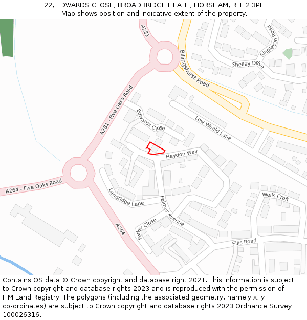 22, EDWARDS CLOSE, BROADBRIDGE HEATH, HORSHAM, RH12 3PL: Location map and indicative extent of plot