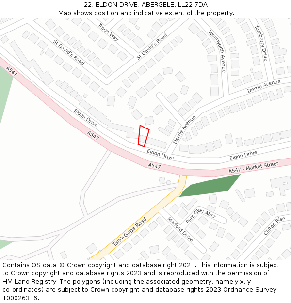 22, ELDON DRIVE, ABERGELE, LL22 7DA: Location map and indicative extent of plot