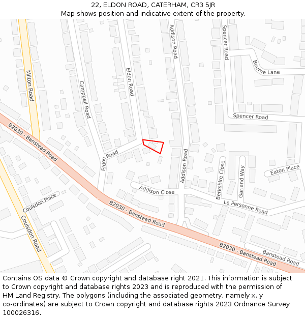 22, ELDON ROAD, CATERHAM, CR3 5JR: Location map and indicative extent of plot