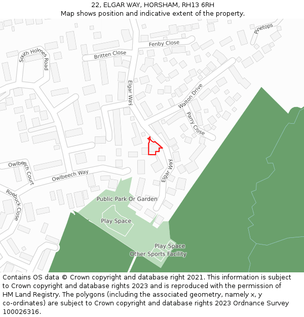 22, ELGAR WAY, HORSHAM, RH13 6RH: Location map and indicative extent of plot